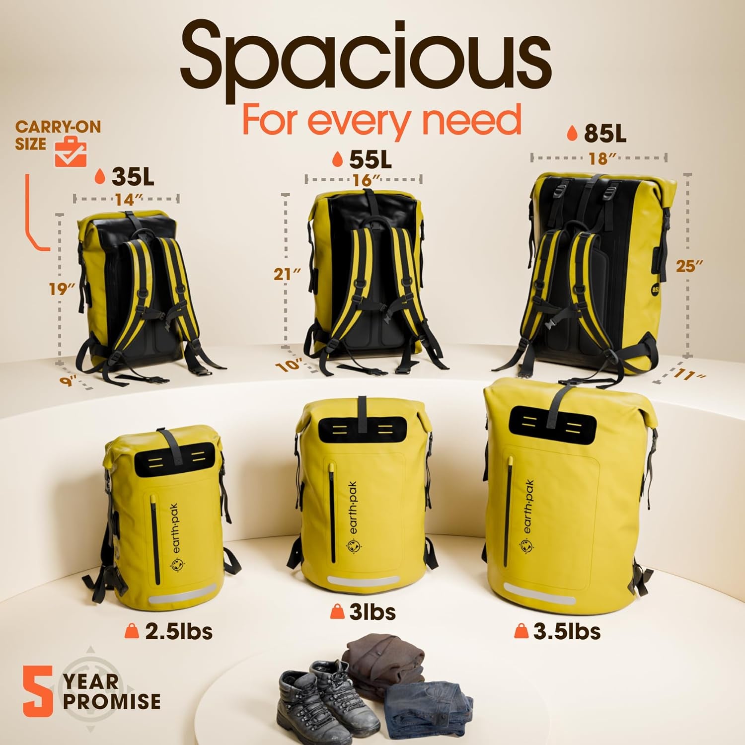 Waterproof Backpack 35L / 55L / 85L Sizes with Roll-Top Closure, Front Pocket, Cushioned Back Panel & Phone Case