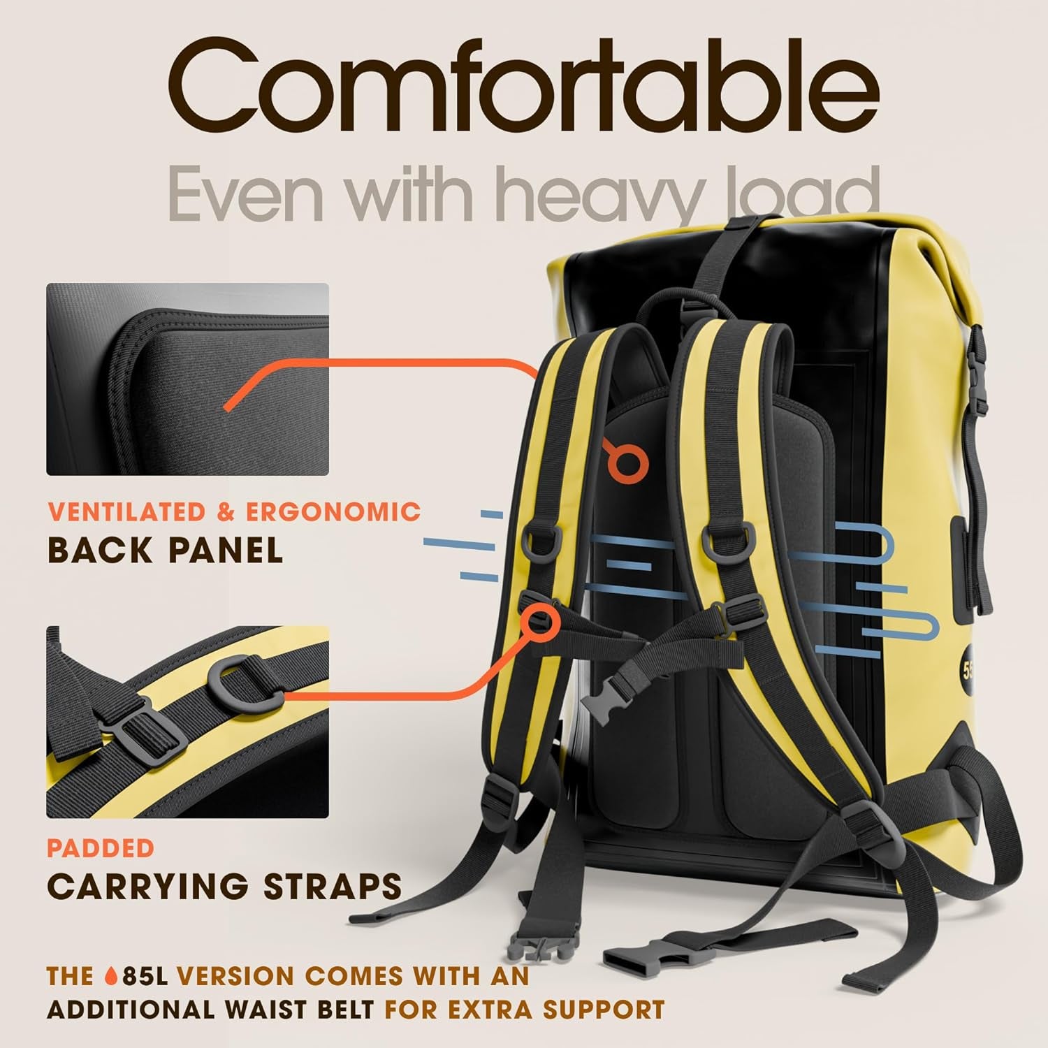Waterproof Backpack 35L / 55L / 85L Sizes with Roll-Top Closure, Front Pocket, Cushioned Back Panel & Phone Case