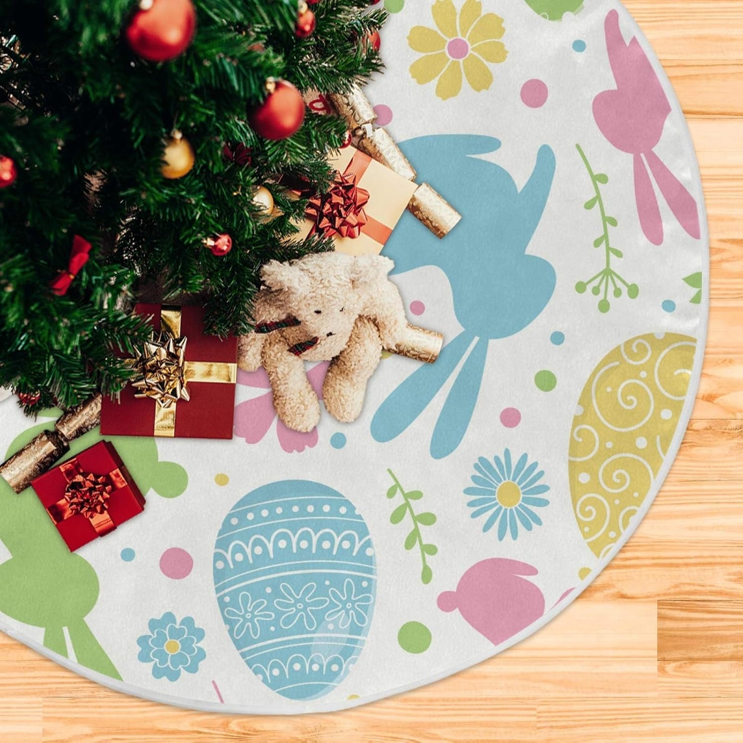 Easter Tree Skirt Easter Bunny Christmas Tree Skirt for Easter Day Holiday Party Home Decoration 36 Inch