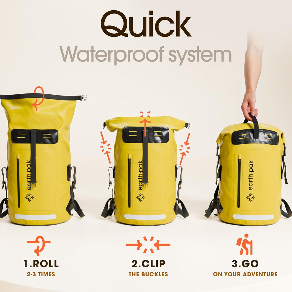Waterproof Backpack 35L / 55L / 85L Sizes with Roll-Top Closure, Front Pocket, Cushioned Back Panel & Phone Case