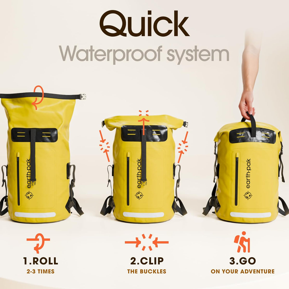Waterproof Backpack 35L / 55L / 85L Sizes with Roll-Top Closure, Front Pocket, Cushioned Back Panel & Phone Case