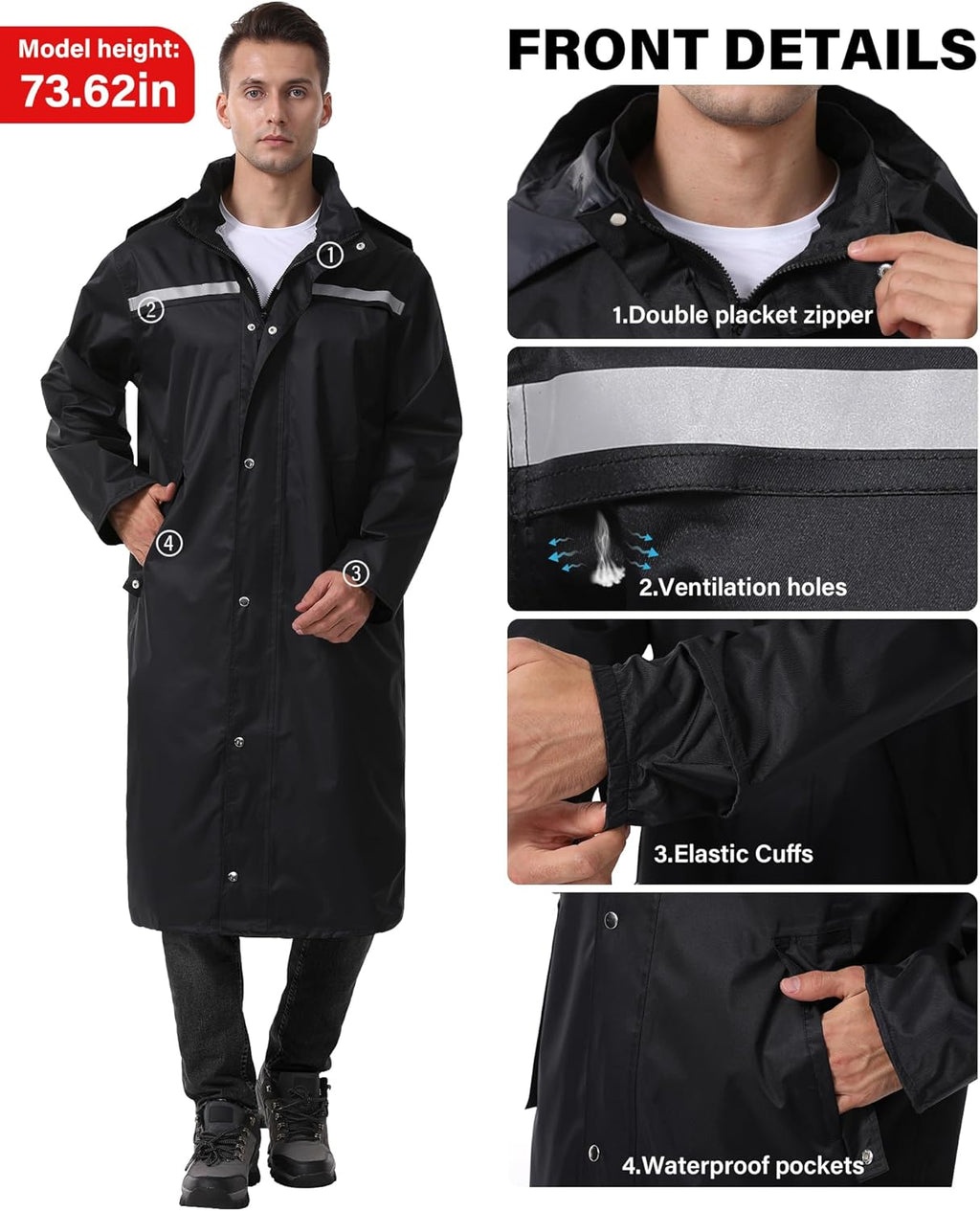 Raincoat Waterproof Long Rain Jacket Lightweight Rainwear Reflective with Packable Hood for Men Women Adults