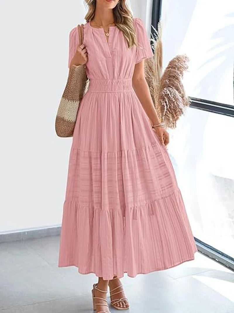 VivaSpring™ Layered Swing Dress – Women's V-Neck, Bubble Sleeves, and Big Swing Design for Effortless Style