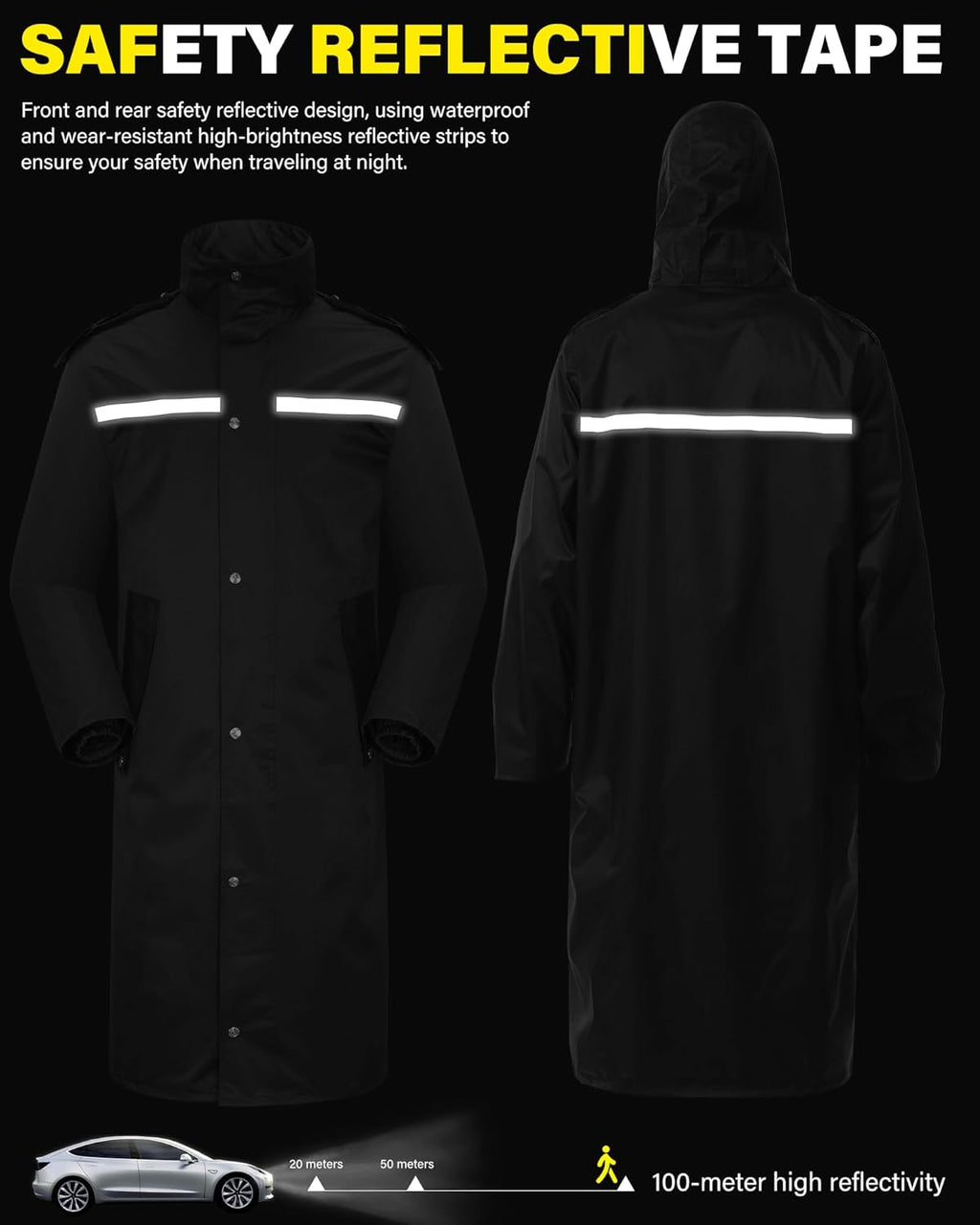 Raincoat Waterproof Long Rain Jacket Lightweight Rainwear Reflective with Packable Hood for Men Women Adults