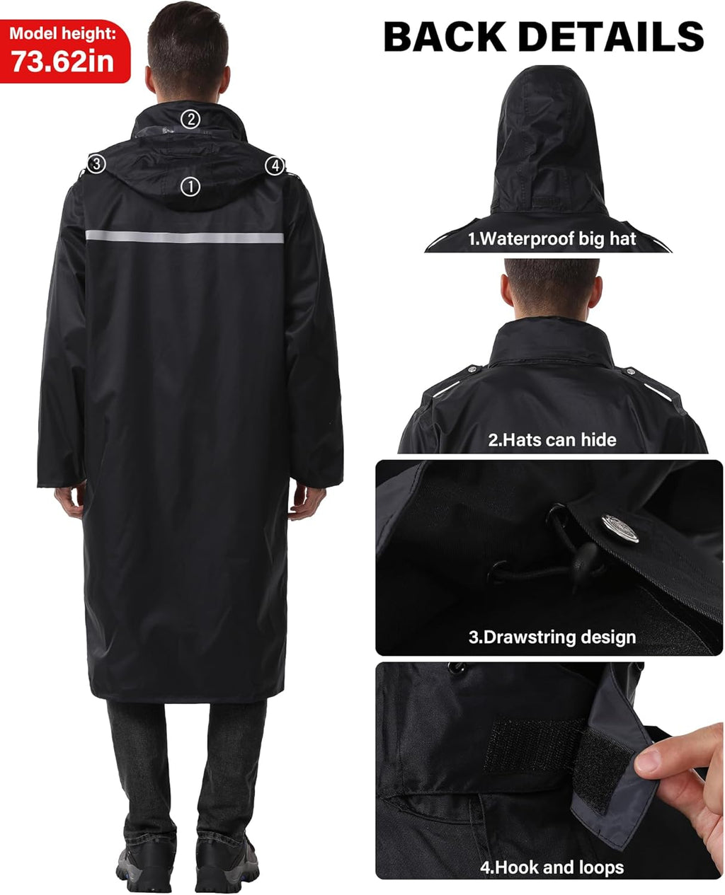 Raincoat Waterproof Long Rain Jacket Lightweight Rainwear Reflective with Packable Hood for Men Women Adults